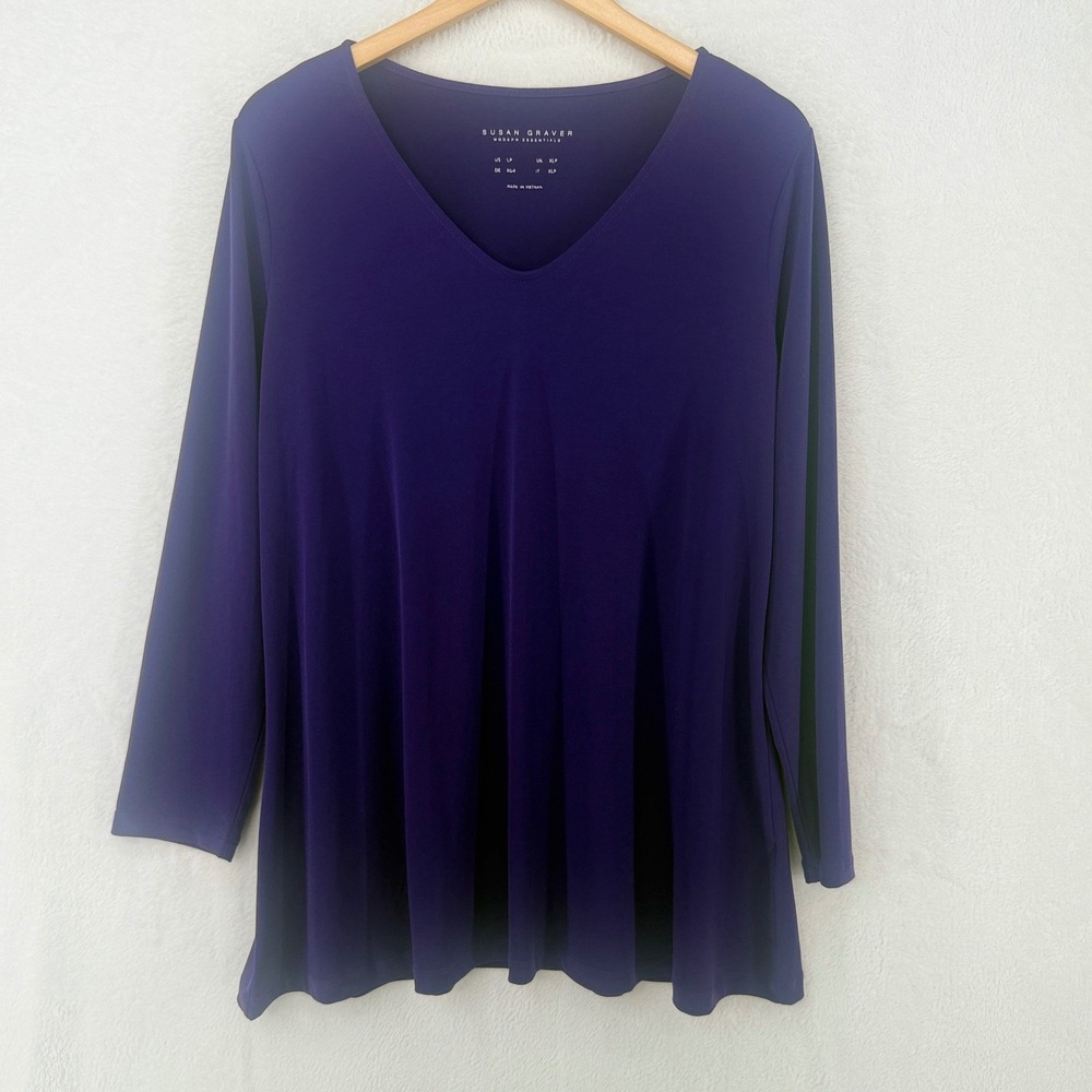 Susan Graver Tunic Top Womens LP Purple Liquid Knit V-Neck Long Sleeve